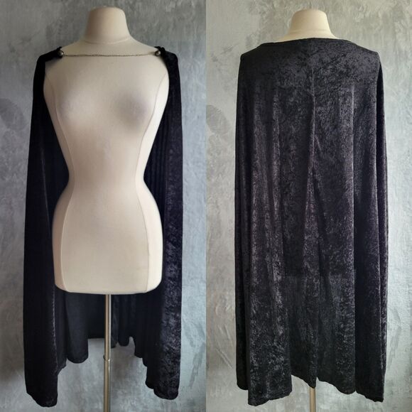 Black Crushed Velvet Mid-Length Cape Size L 40" Neck Chain RenFaire Dark Knight - Picture 1 of 5